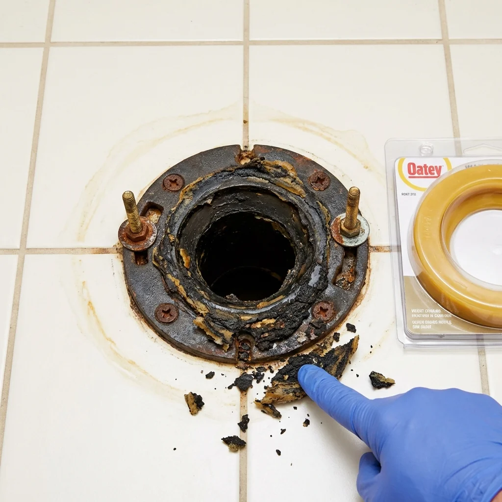 Failed wax ring showing water seepage at the base of a toilet in a Somerset, MA home