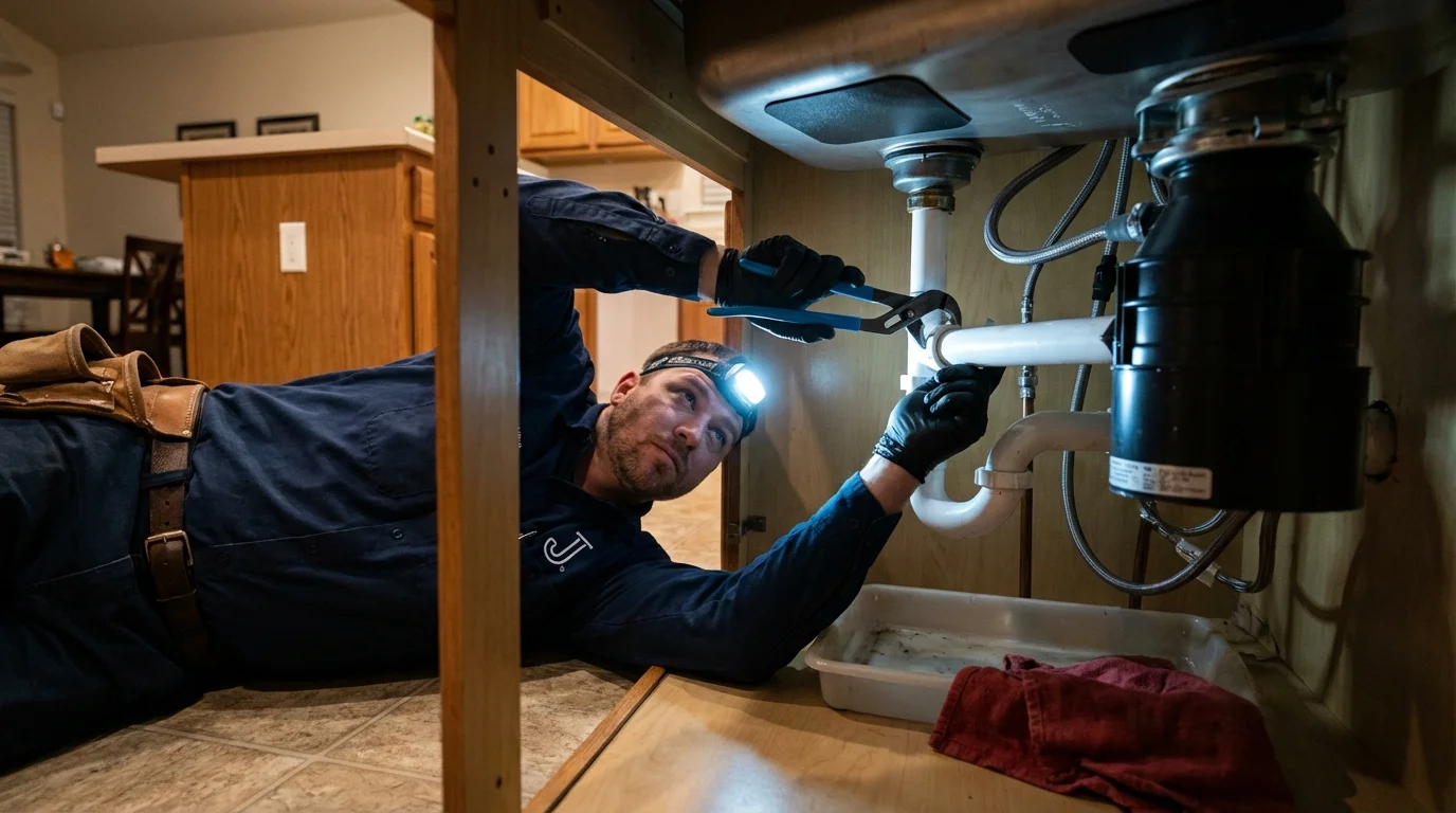 P-trap and supply line connections under a kitchen sink showing a common leak point in Somerset, MA